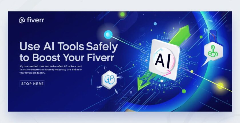 Create a best blog banner image on this Topic Use AI Tools Safely to Boost Your Fiverr Productivity