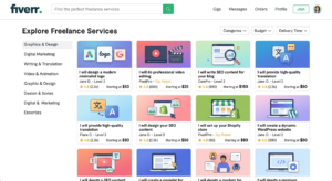 Fiverr marketplace showing freelancer gigs
